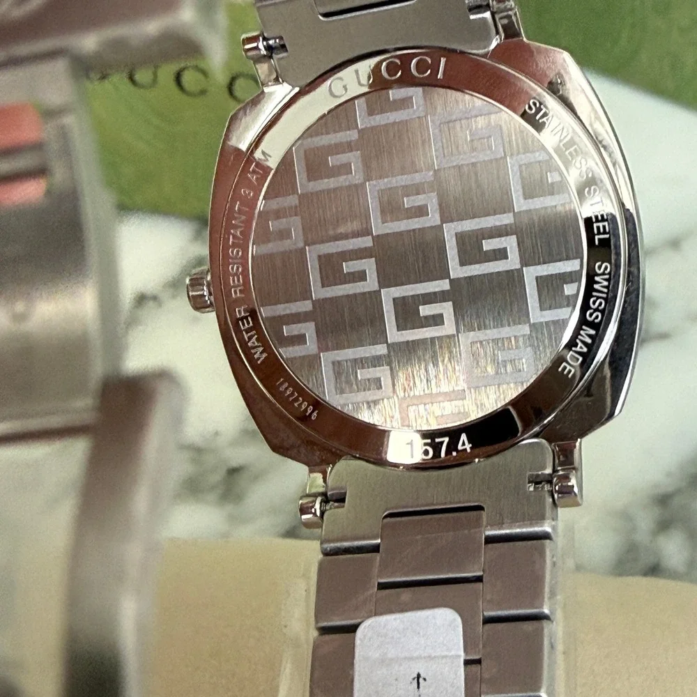 Gucci Grip Watch YA157401 Stainless Steel Silver Logo Engraved Swiss Made 38mm